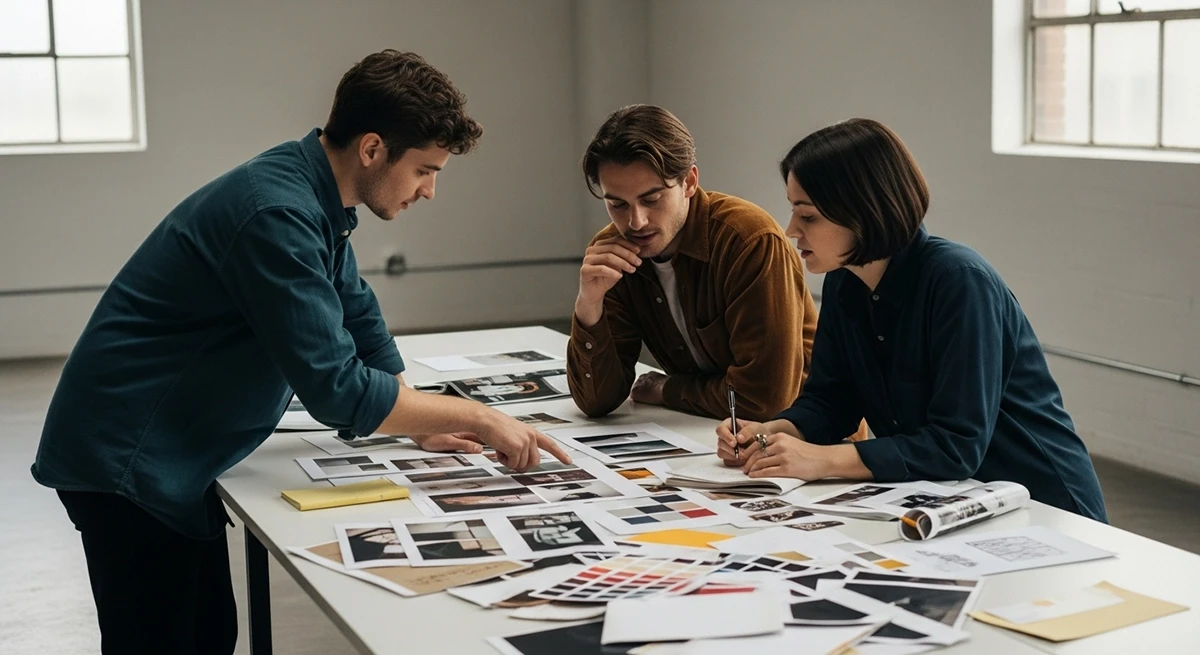 Three creative professionals reviewing photo prints and colour swatches spread across white table during brand mood board meeting in minimalist studio workspace