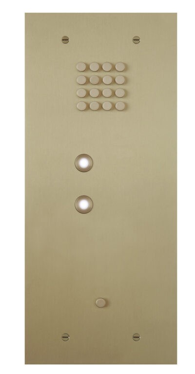 Black smart home device with screen showing time and temp