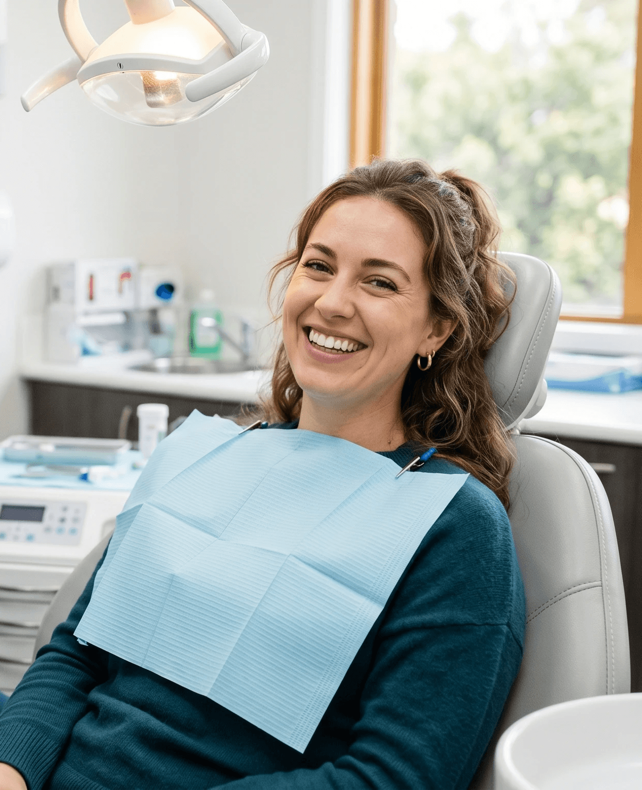 Smiling patient during dental checkup with dentist examining teeth