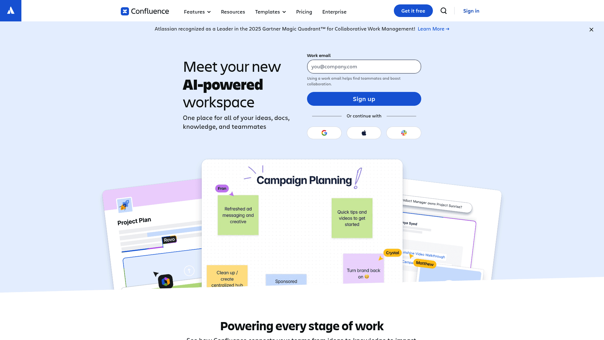 A screenshot of the Atlassian Confluence homepage, a tool for building a single source of truth business knowledge base.
