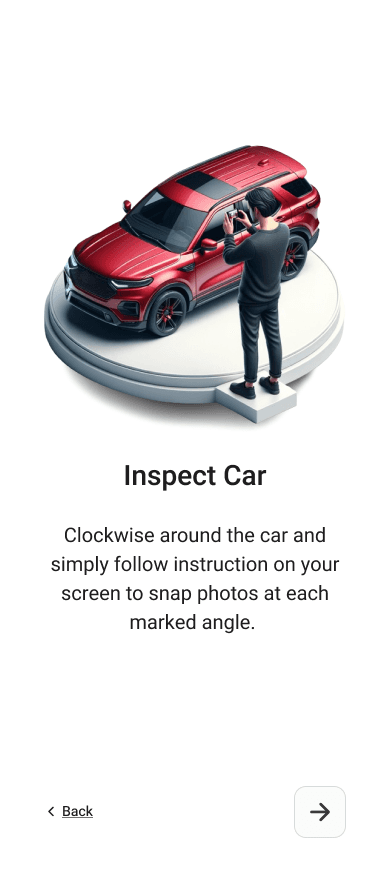 Illustration in the FlynCar app showing a person photographing a red SUV from different angles on a rotating platform.