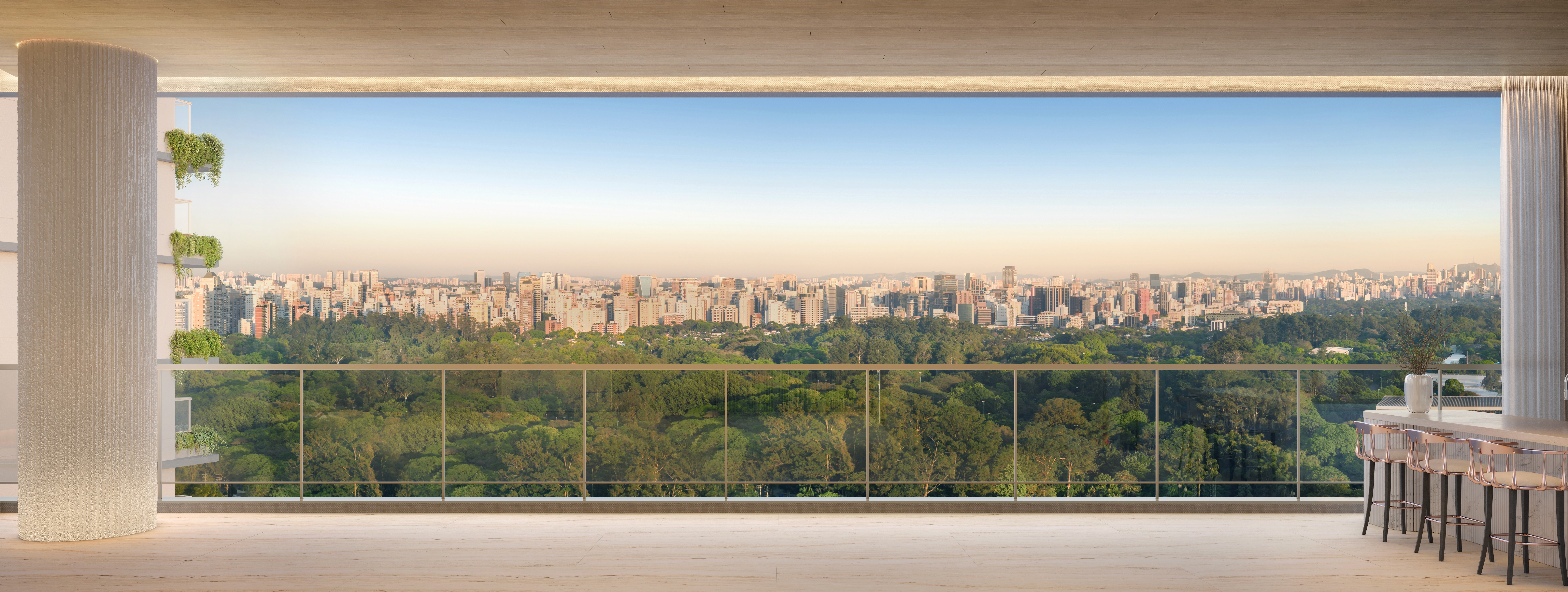 Curved modern skyscraper against a clear blue sky.