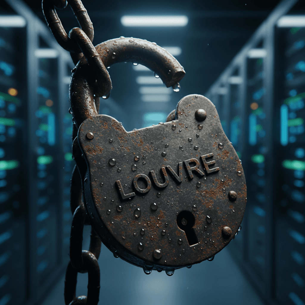 Cadenas rouillé et cassé symbolisant la sécurité informatique obsolète des PME avec systèmes non mis à jour depuis 2003, illustrant les failles de cybersécurité et mots de passe faibles