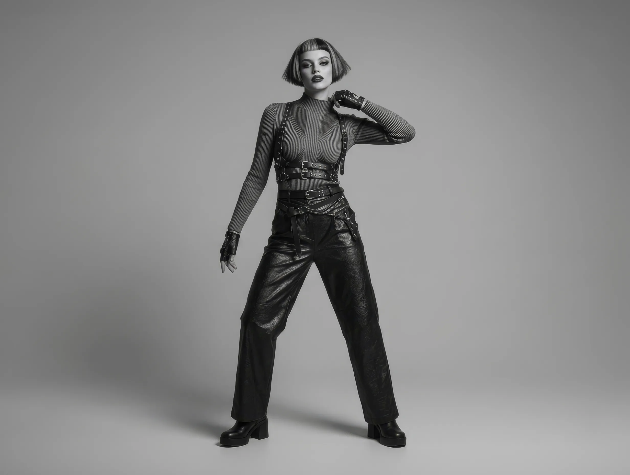 Black and white full-body studio portrait of a model posing in tailored garments from Dominion fashion label.