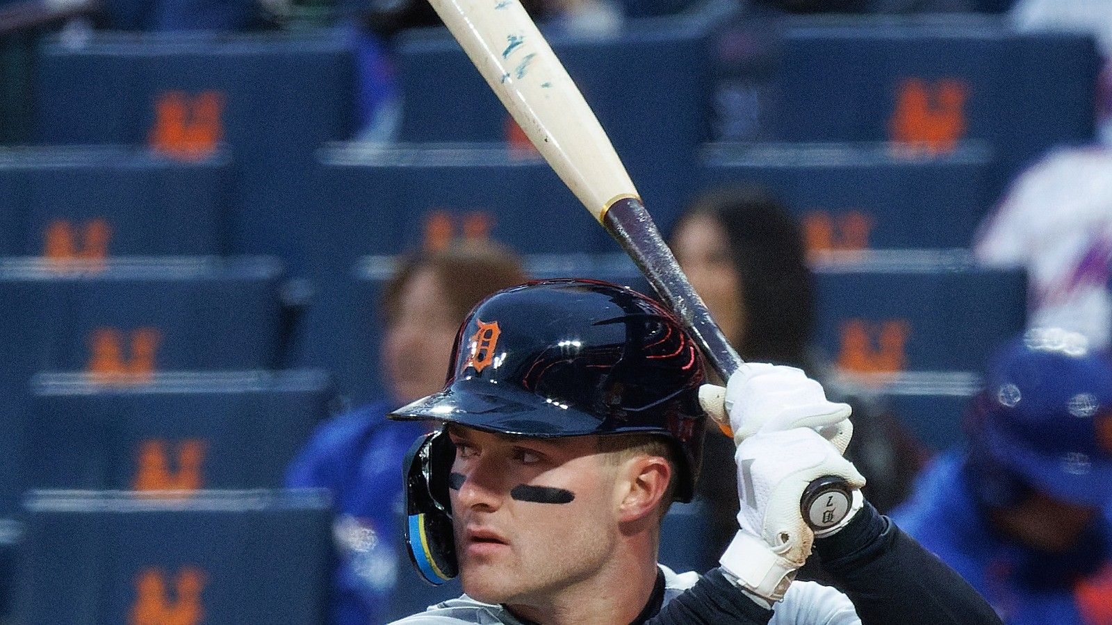 Close-up of Kevin McGonigle in a Tigers batting helmet, face centered