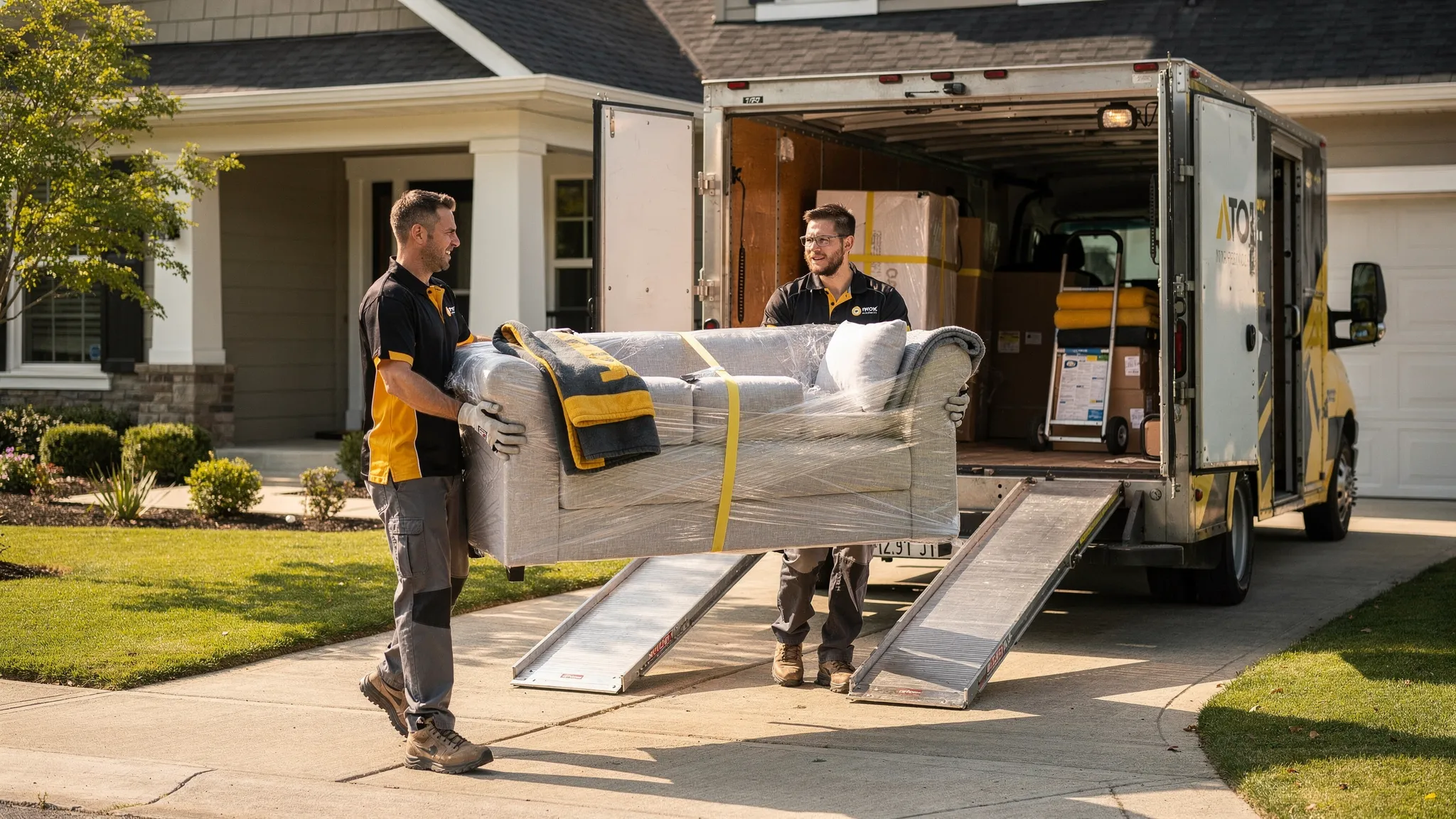 Two professional movers carrying a wrapped sofa through the doorway of a suburban home; the moving truck is parked in the driveway with ramps and moving blankets visible.