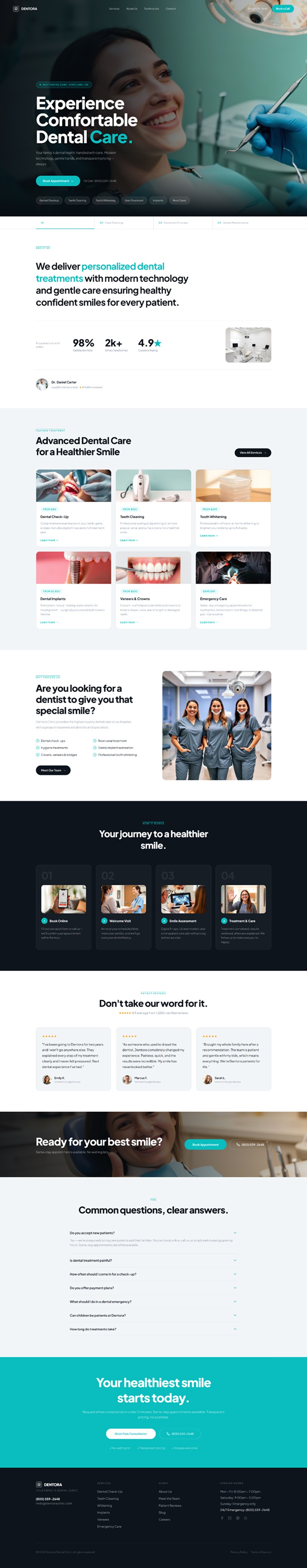 Dentist Website Prompt full-page preview — 12-section dental website with dark photo hero, animated stat counters, 6 service cards, FAQ accordion, and teal final CTA