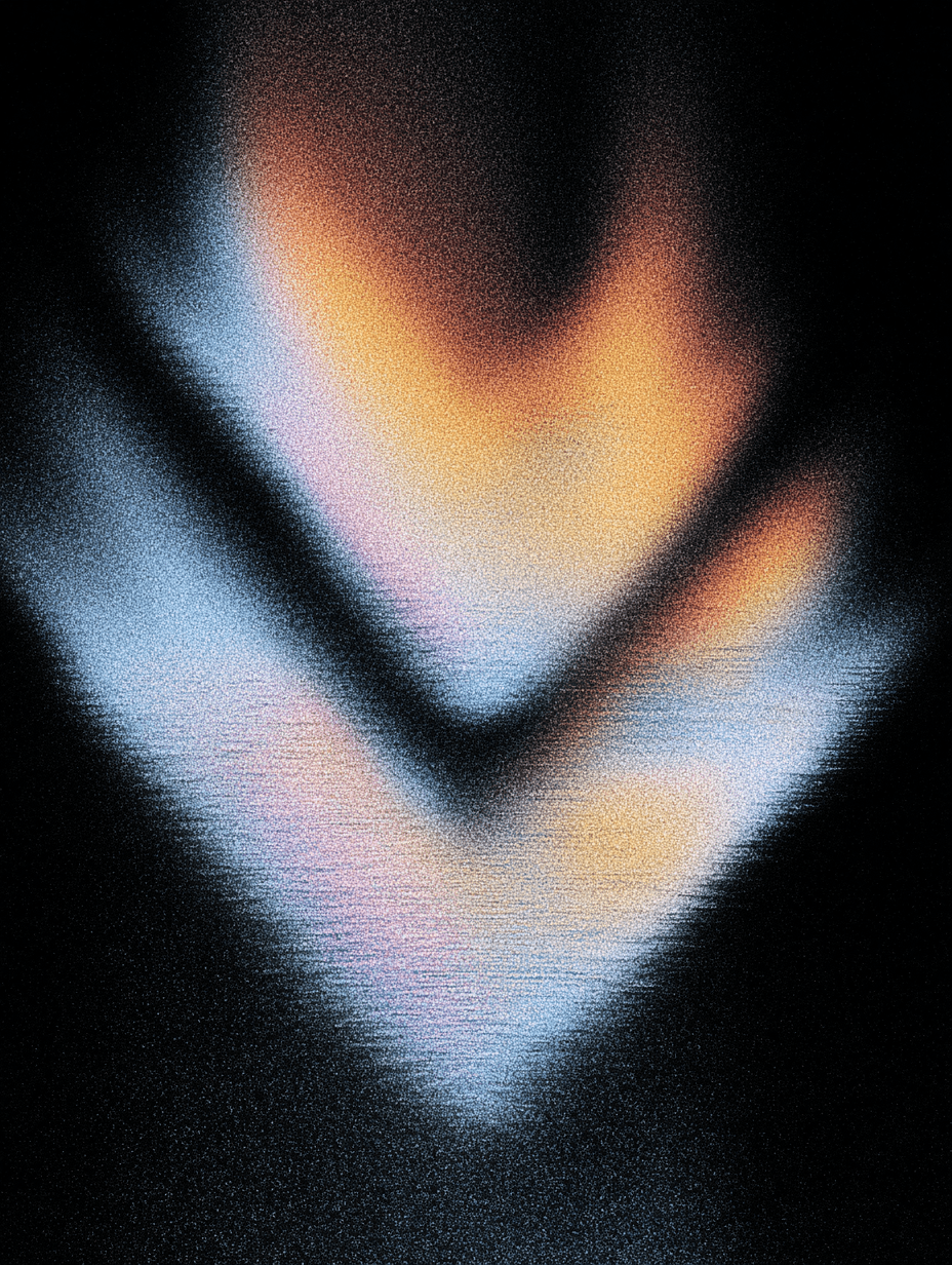 Abstract grain-textured light shape with warm orange and cool blue tones on a black background
