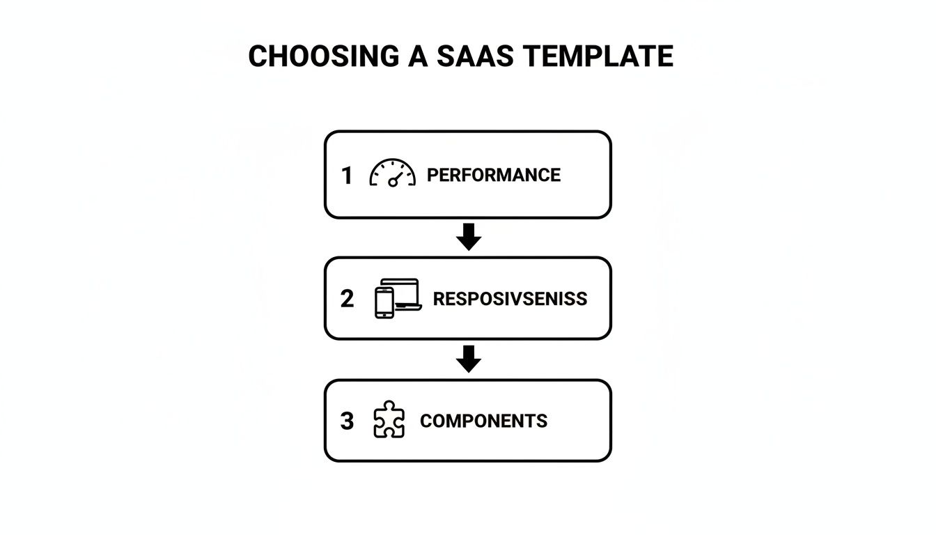 Flowchart illustrating three key criteria for choosing a SaaS template: performance, responsiveness, and components.