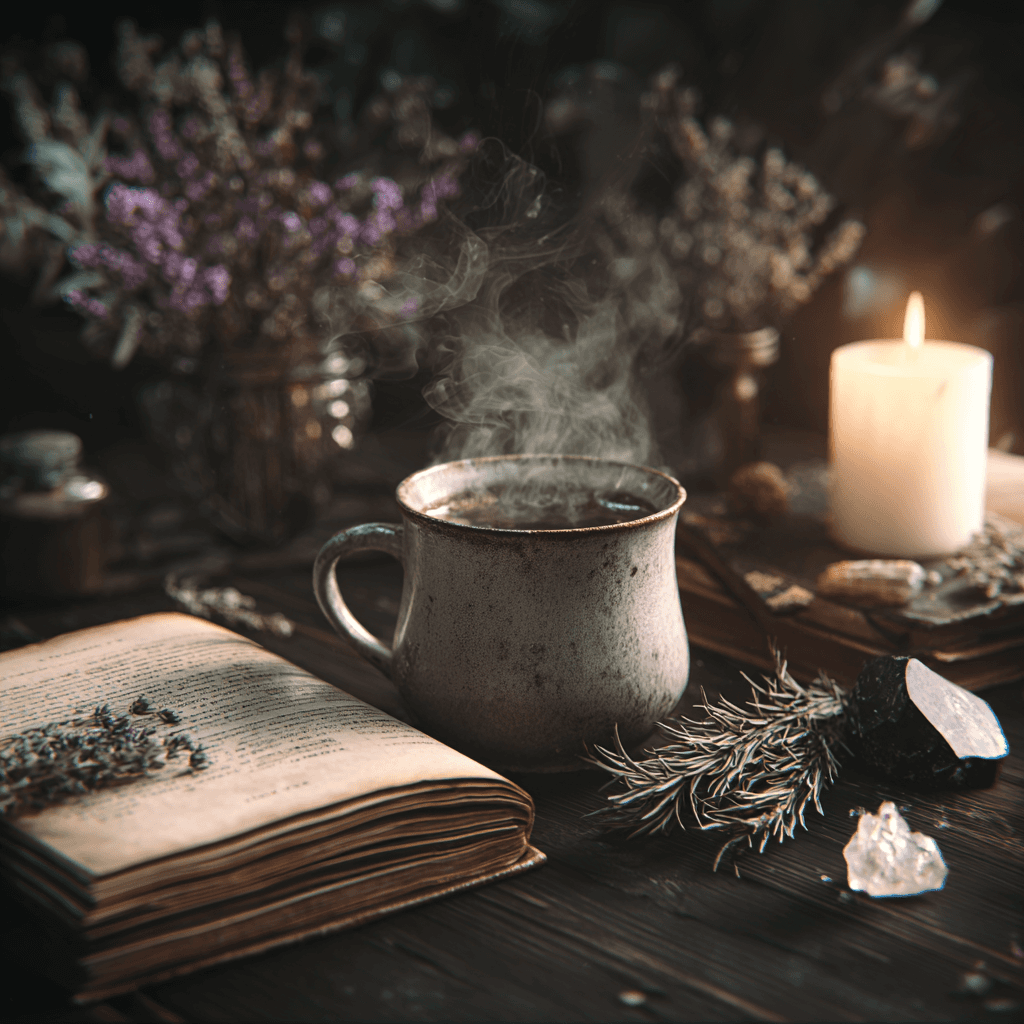 Dried lavender and valerian bundles beside a burned-down white candle and small amethyst on dark wood