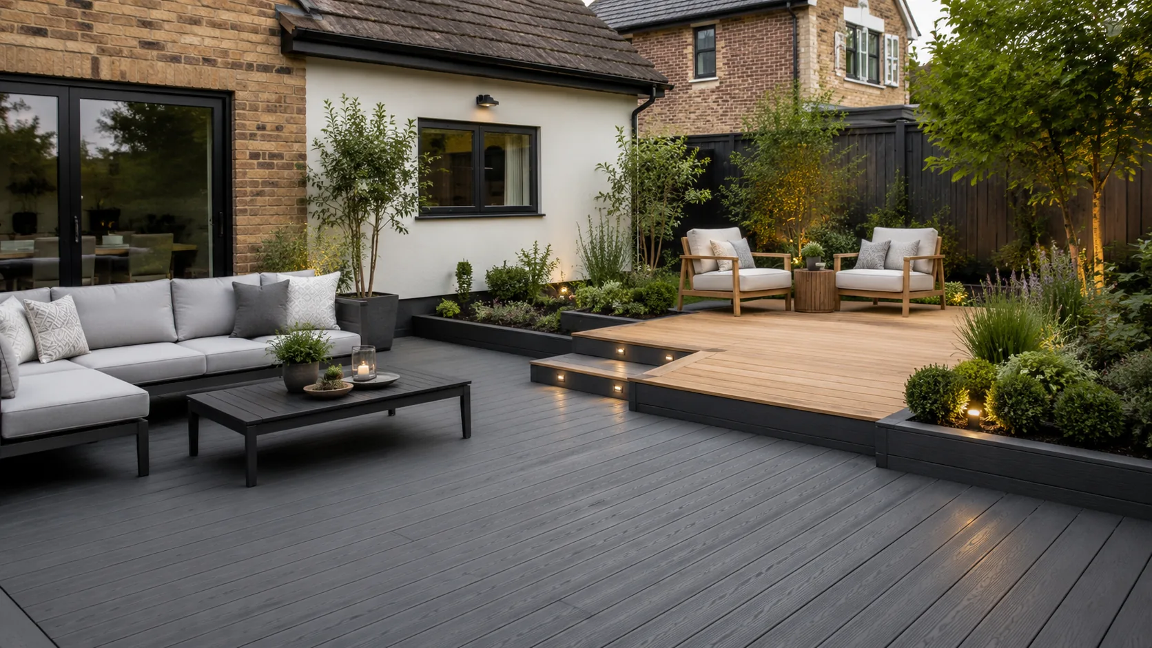 Composite and timber decking in a residential garden