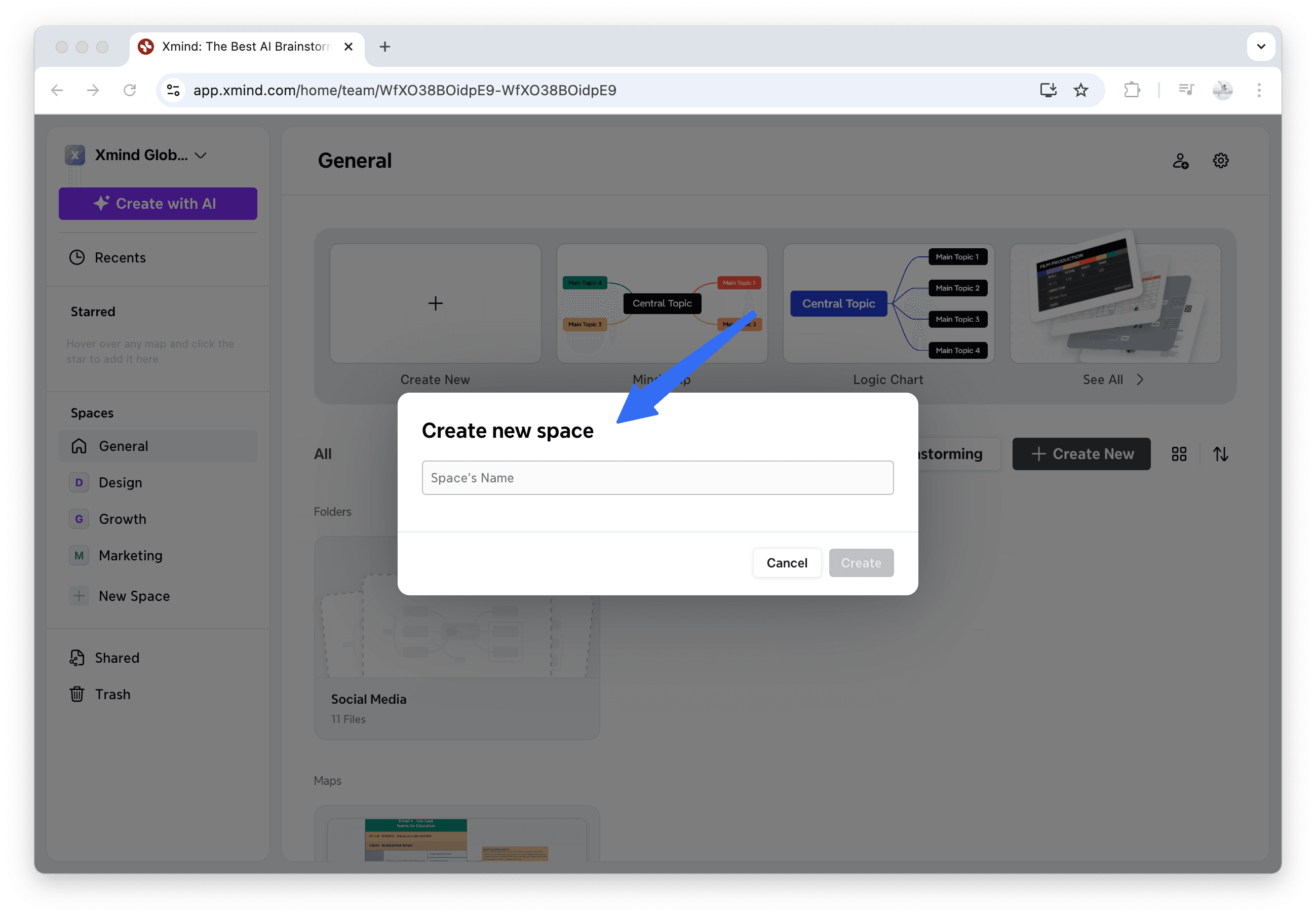 Create new space input window on application