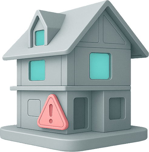 Small house with red warning sign, indicating risk reduction.