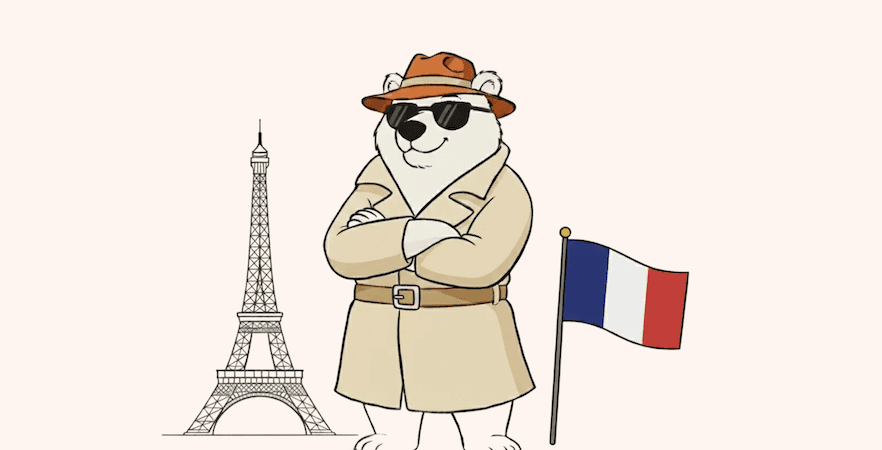Illustration of a bear standing next to a French flag and the Eiffel Tower