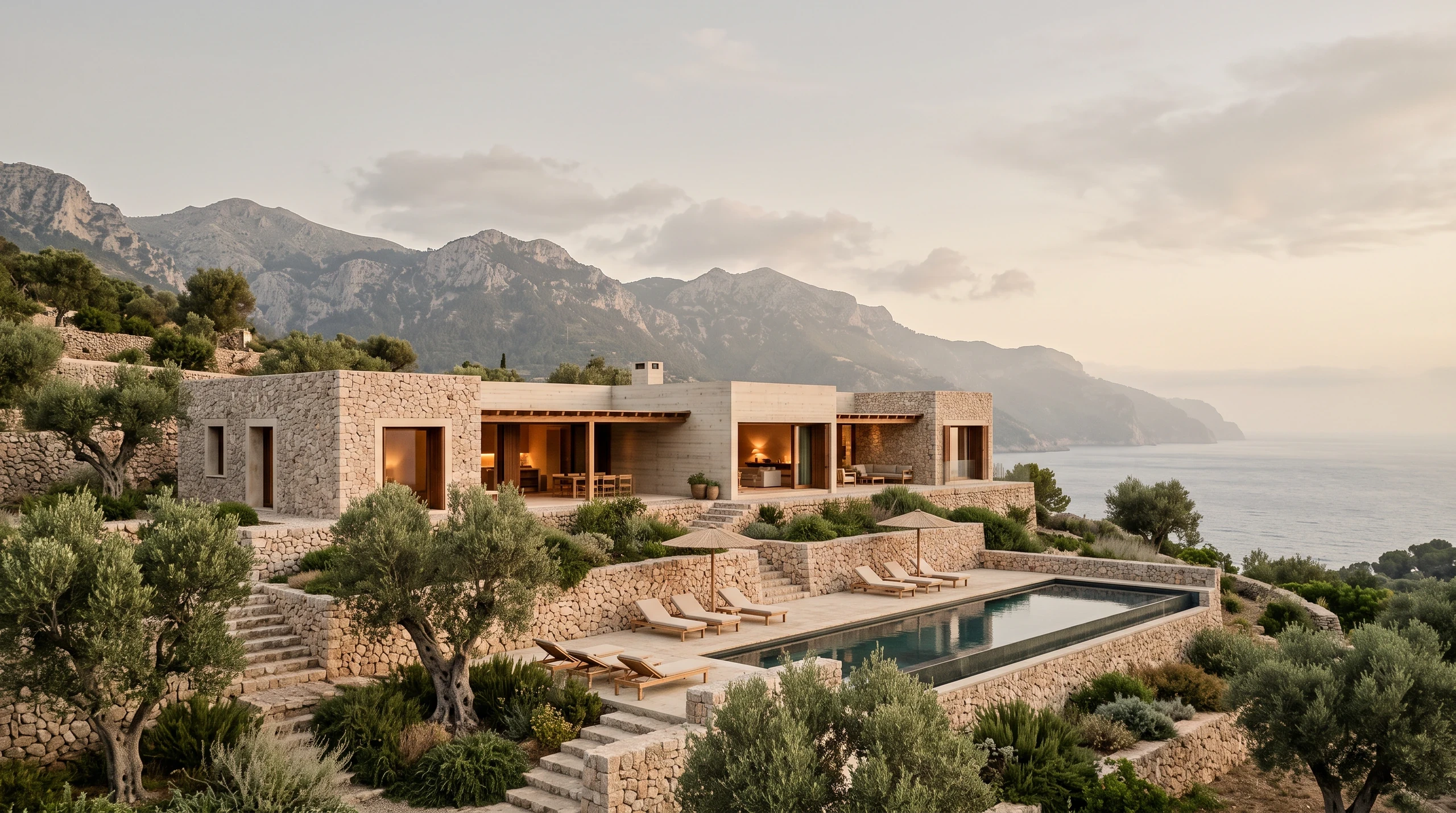 Stone and concrete villa on olive terraces above the sea in Deià, Mallorca