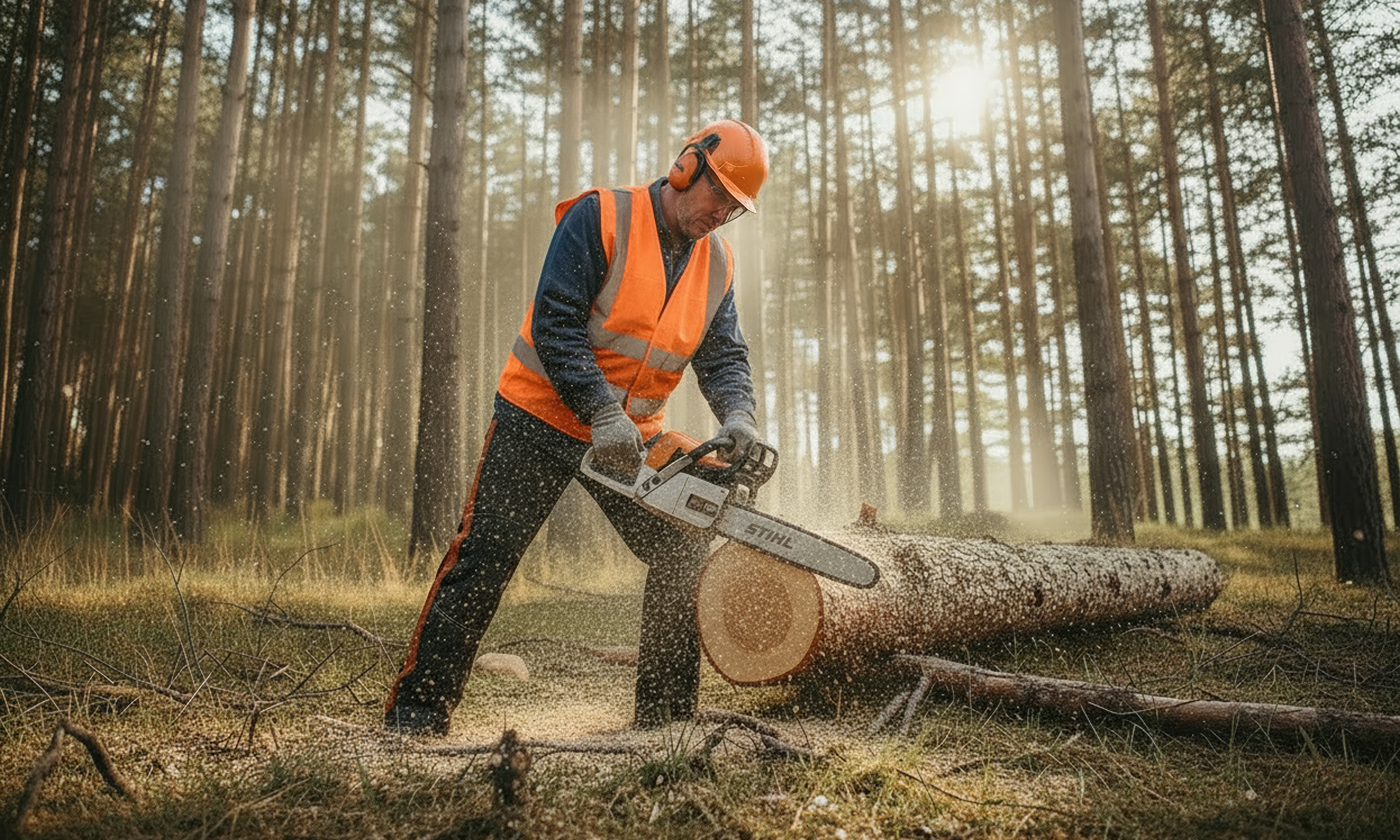 Arbeiter im Wald trägt Schutzkleidung und Helm und sägt mit einer Stihl-Motorsäge einen gefällten Baumstamm. Sonnenstrahlen fallen durch die Bäume.