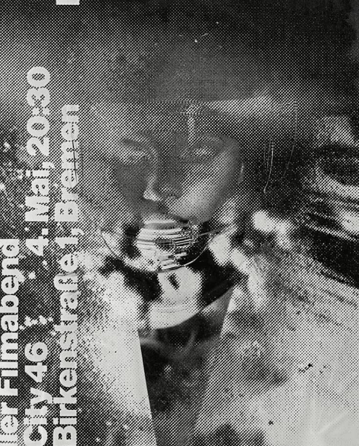 High-contrast monochrome portrait with heavy film grain texture and vertical date-style text reading “City 46” and “14 Mai 2030.”