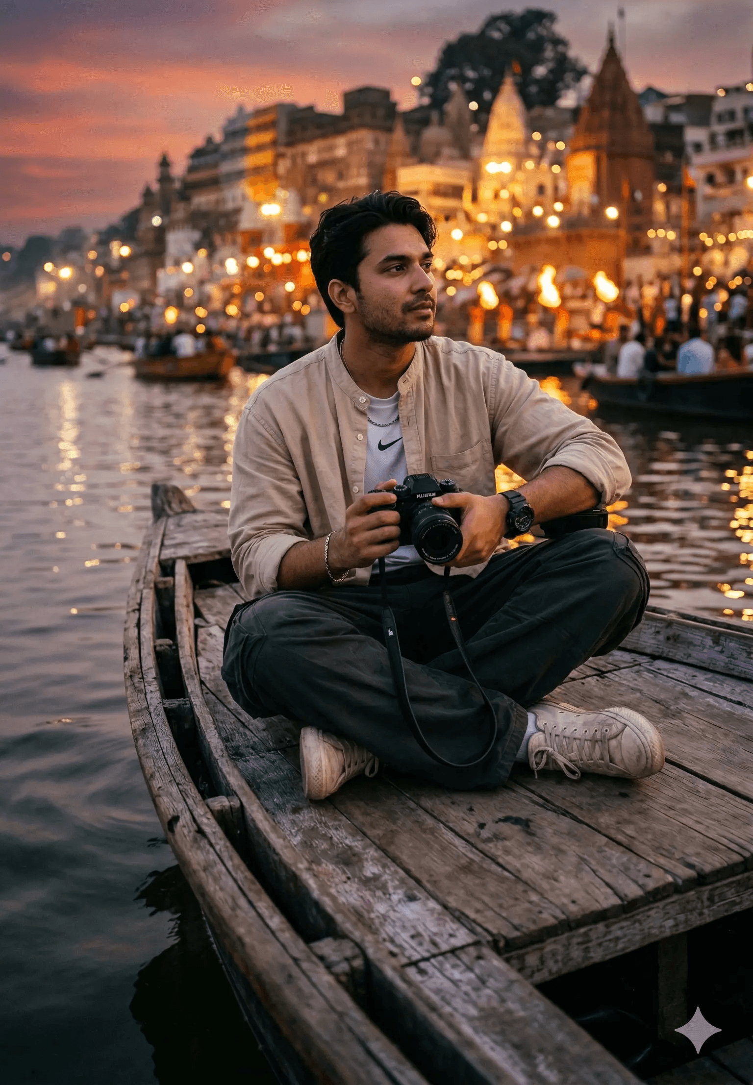 High-quality AI marketing image generation of a photographer on a boat in Varanasi, utilizing Nanobanana prompts from Mahendra's digital marketing portfolio.