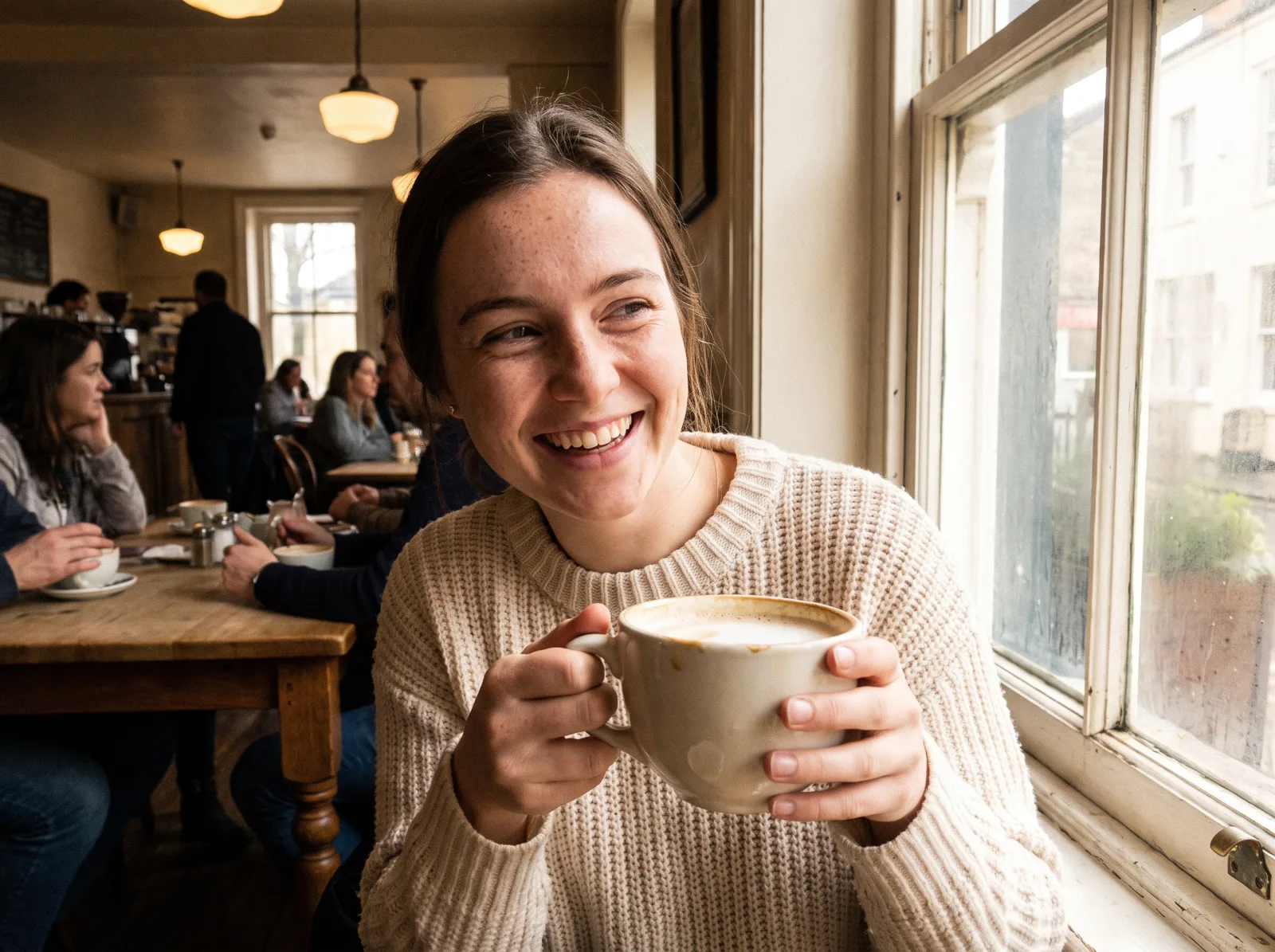 Amy with a coffee in a cafe