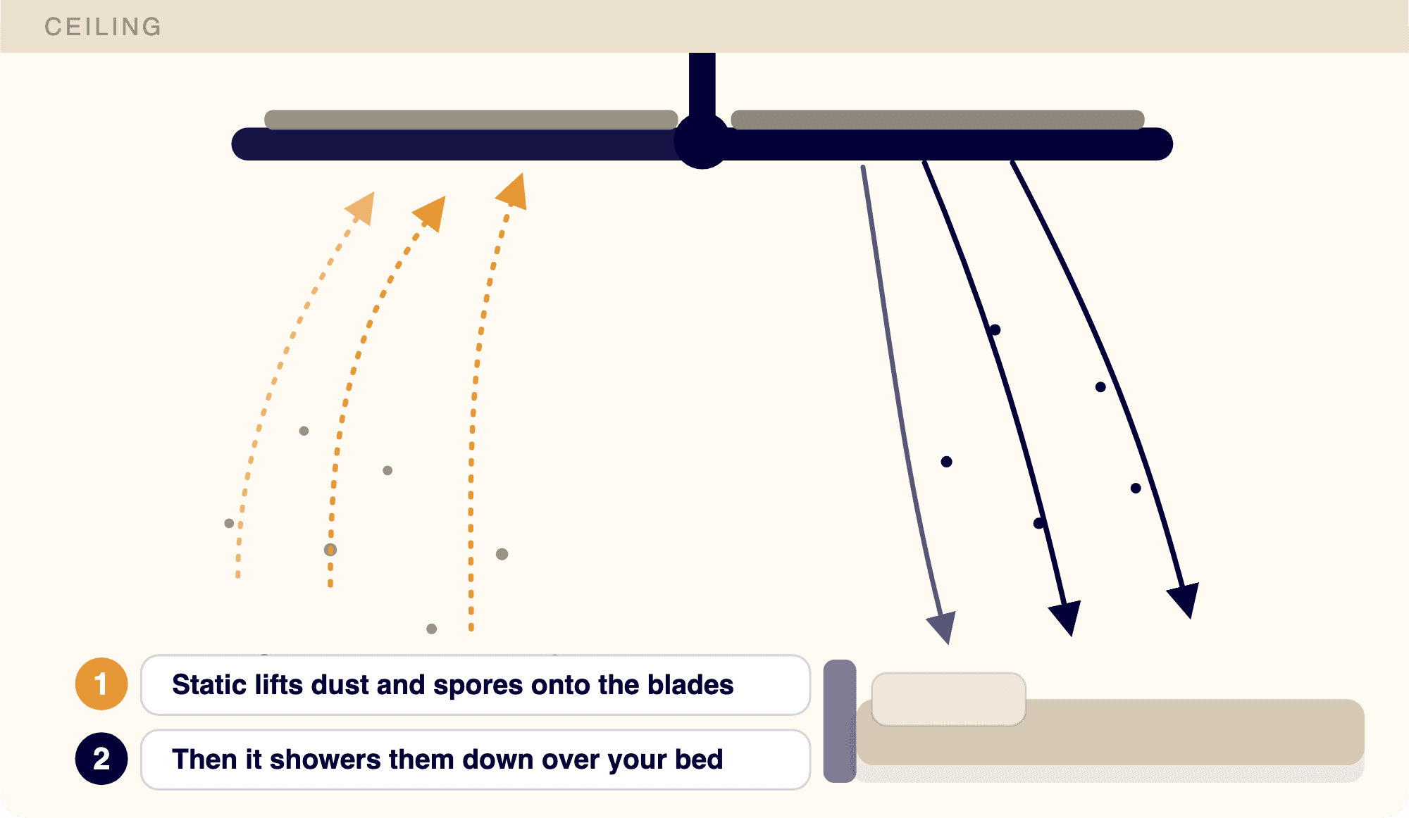 Diagram: a ceiling fan lifts dust and mold spores up onto its blades, then showers them back down over the bed below