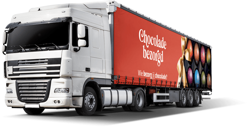 vrachtwagen met reclame van Chocolade Bezorgd