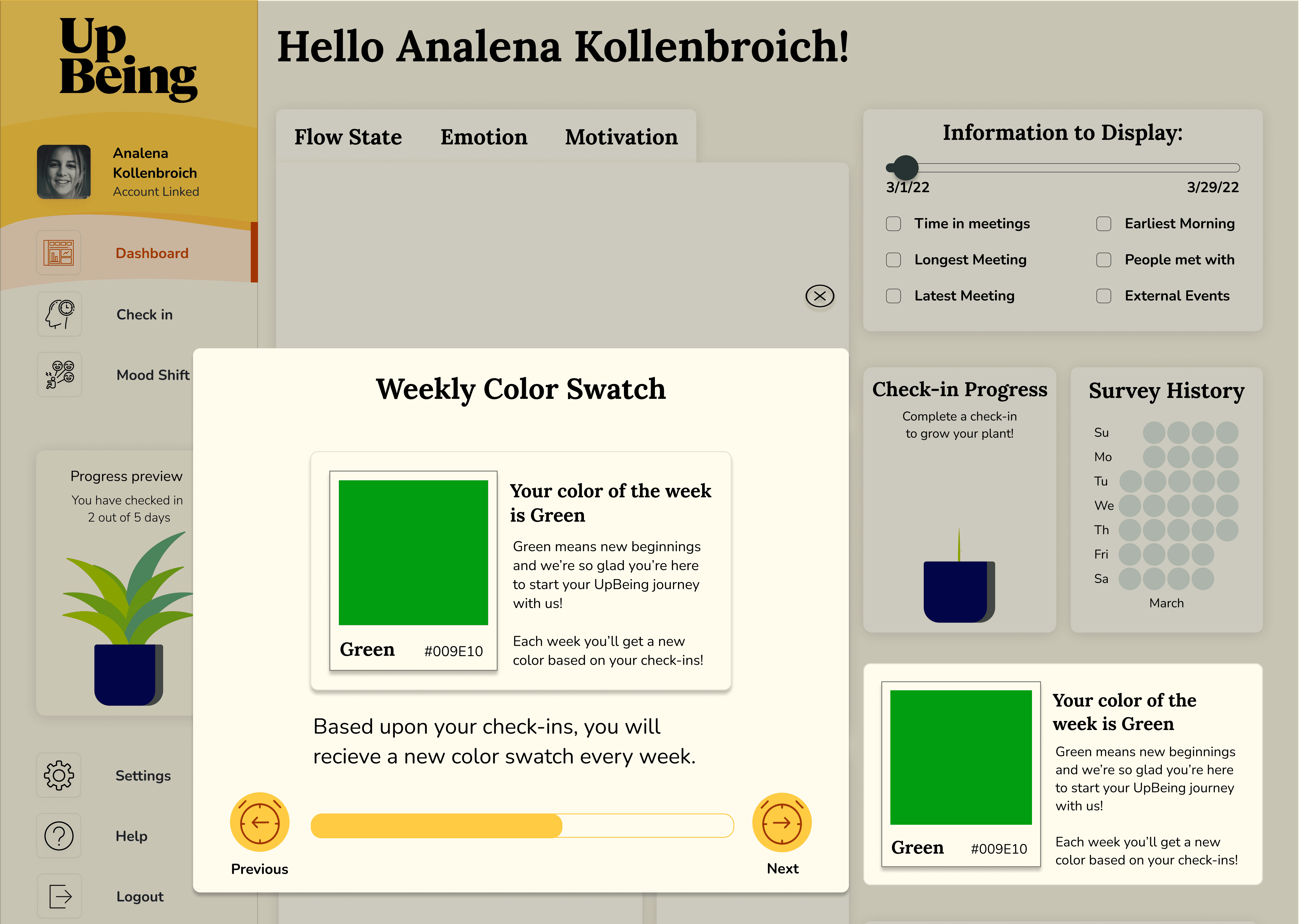 UpBeing weekly color streak screen showing a square color indicator representing emotional trends, accompanied by explanatory text and progress controls.