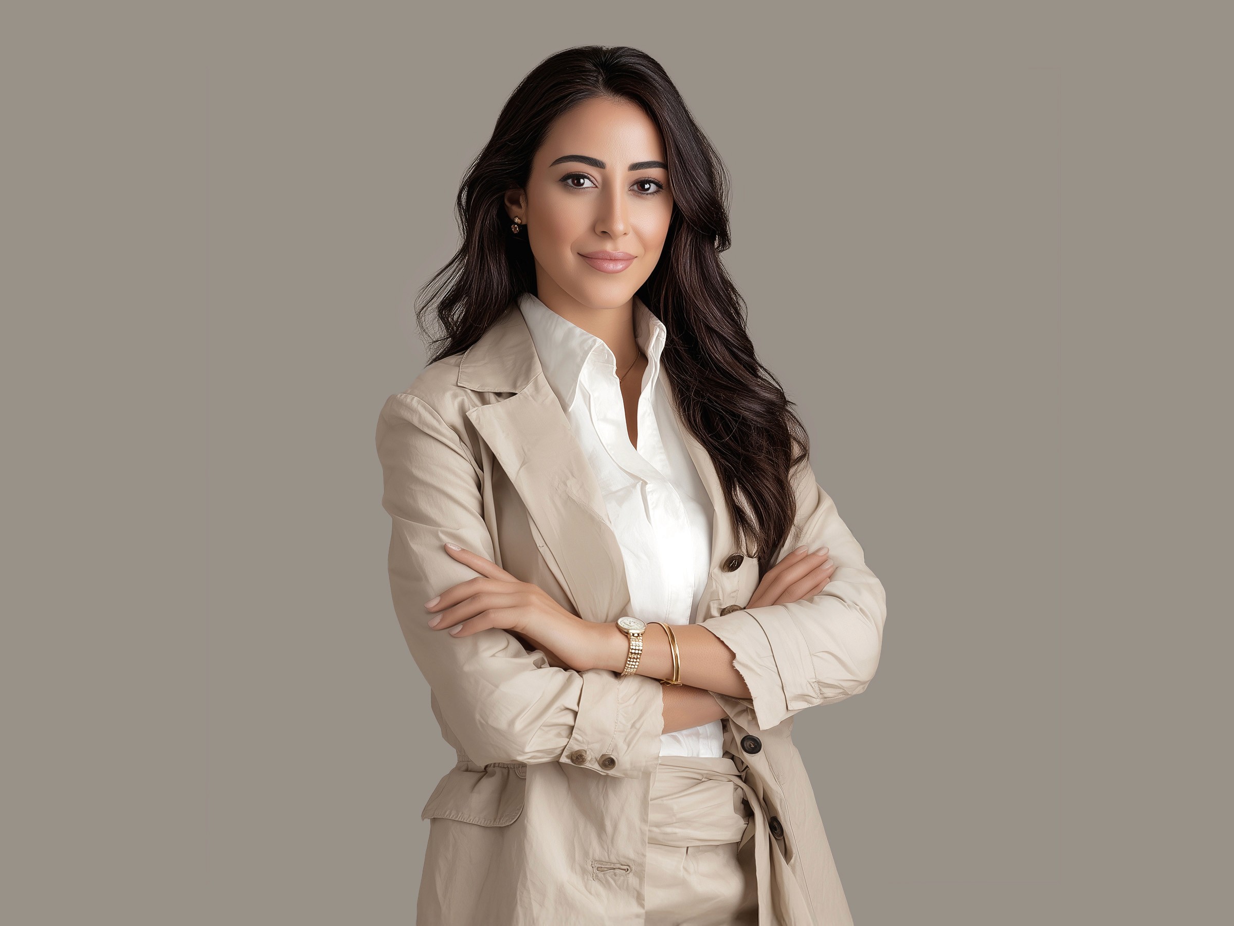 Portrait of a professional woman in neutral tones, standing with arms crossed against a soft beige background.