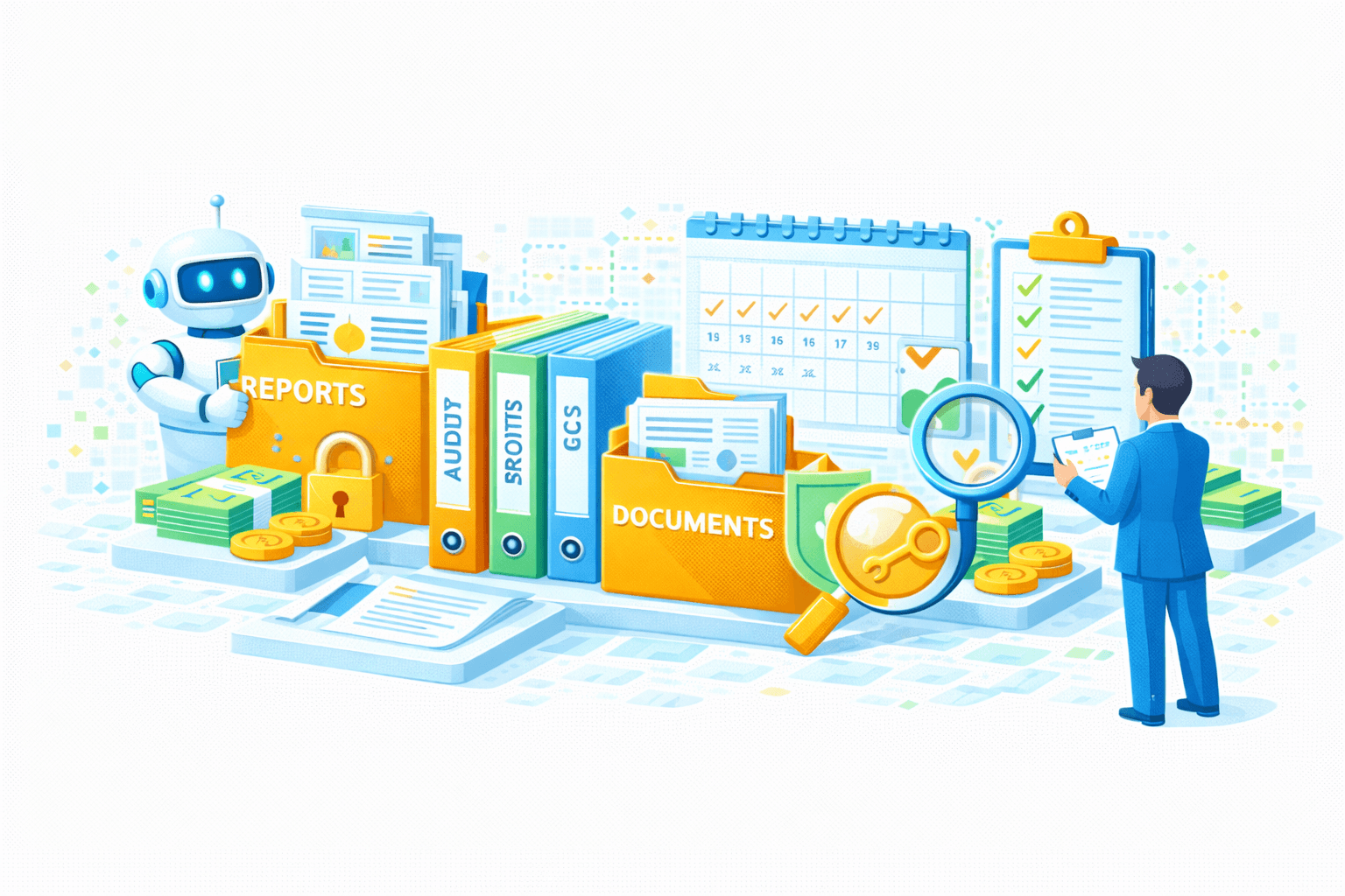 Ilustrasi AI‑assisted audit management, compliance tracking, dan secure document governance. Di tengah terdapat rak dokumen dan binder berlabel REPORTS, AUDITS, GCS, dan DOCUMENTS, dilengkapi ikon gembok yang menandakan keamanan arsip. Di kiri, AI/robot assistant memegang folder laporan di dekat uang/koin, melambangkan analitik dan dampak finansial. Di kanan, seorang auditor memeriksa checklist pada clipboard dan kalender kepatuhan, dengan kaca pembesar untuk review detail. Elemen perisai hijau, kunci, dan jam menegaskan kontrol akses, kepatuhan, dan ketepatan waktu. Visual menggambarkan orkestrasi audit, pelaporan, dan manajemen dokumen yang aman, terotomasi, dan terdokumentasi end‑to‑end.