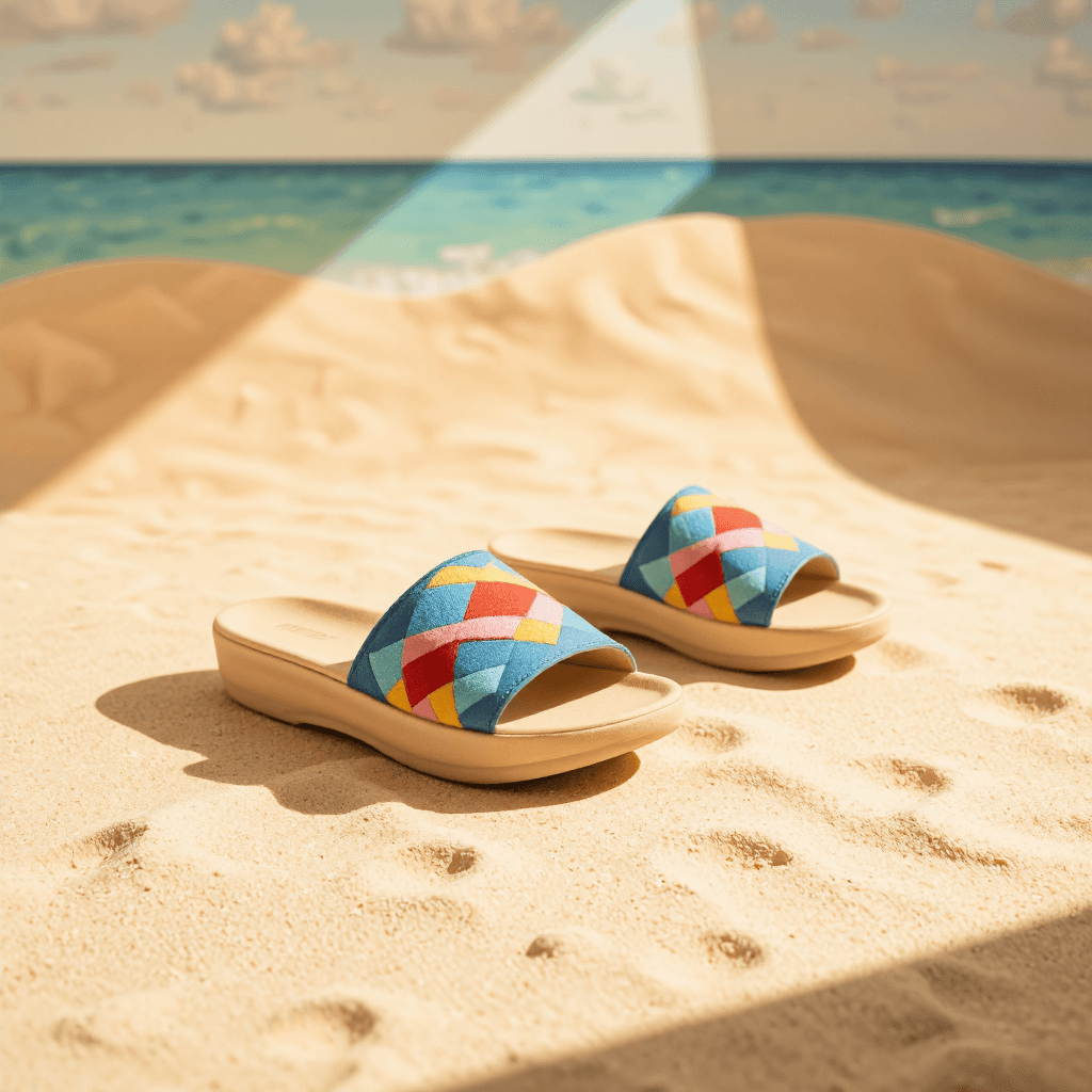 product photography of a pair of colorful slide sandals, designed for casual wear