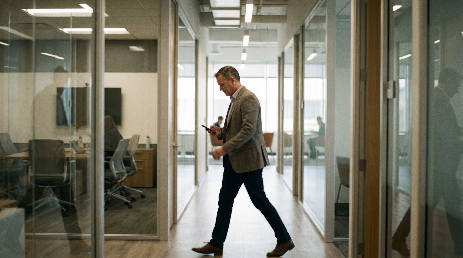 VP-level executive checking phone while walking through modern corporate hallway