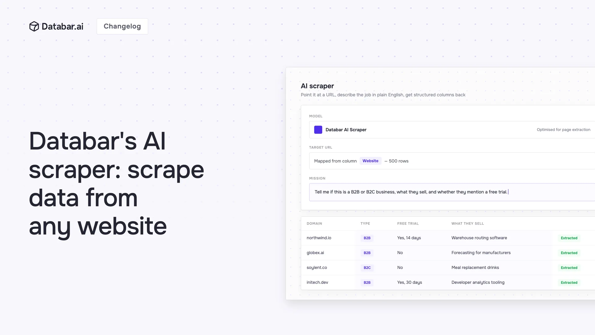 Databar AI scraper — give it a URL and a plain-English mission, get structured columns back