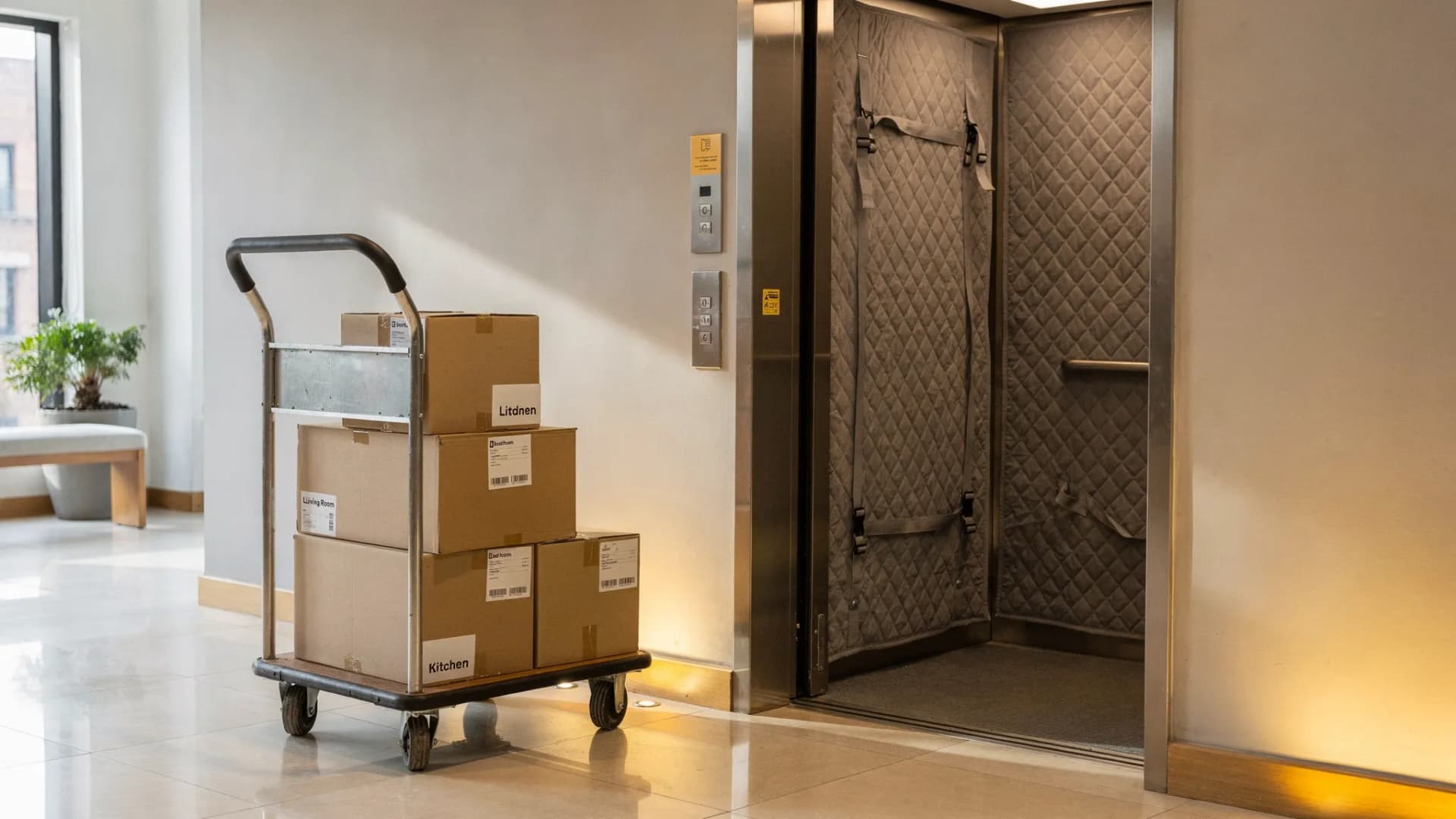 A clean apartment lobby with a reserved elevator for moving, padded elevator walls, and a dolly with neatly stacked labeled boxes staged near the elevator doors.