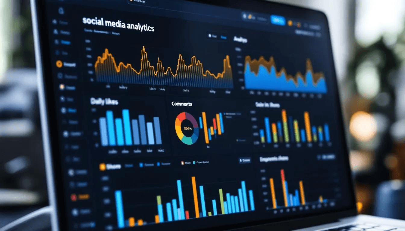 A computer dashboard displays various analytics graphs showcasing social media engagement metrics, illustrating how content can go viral and spread across the internet, capturing the attention of many users. The visual data highlights important trends and responses related to audience interaction over time.