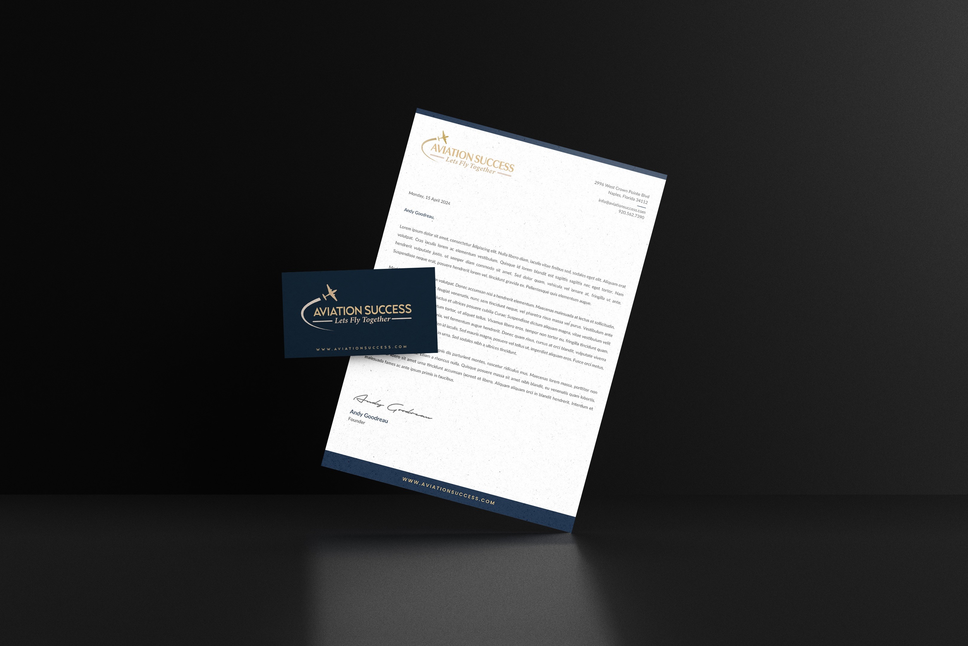 Design portfolio project showing Aviation Success letterhead and business card design by Jeffrey Hakim, showcasing branding identity and graphic design. designed by Jeffrey Hakim