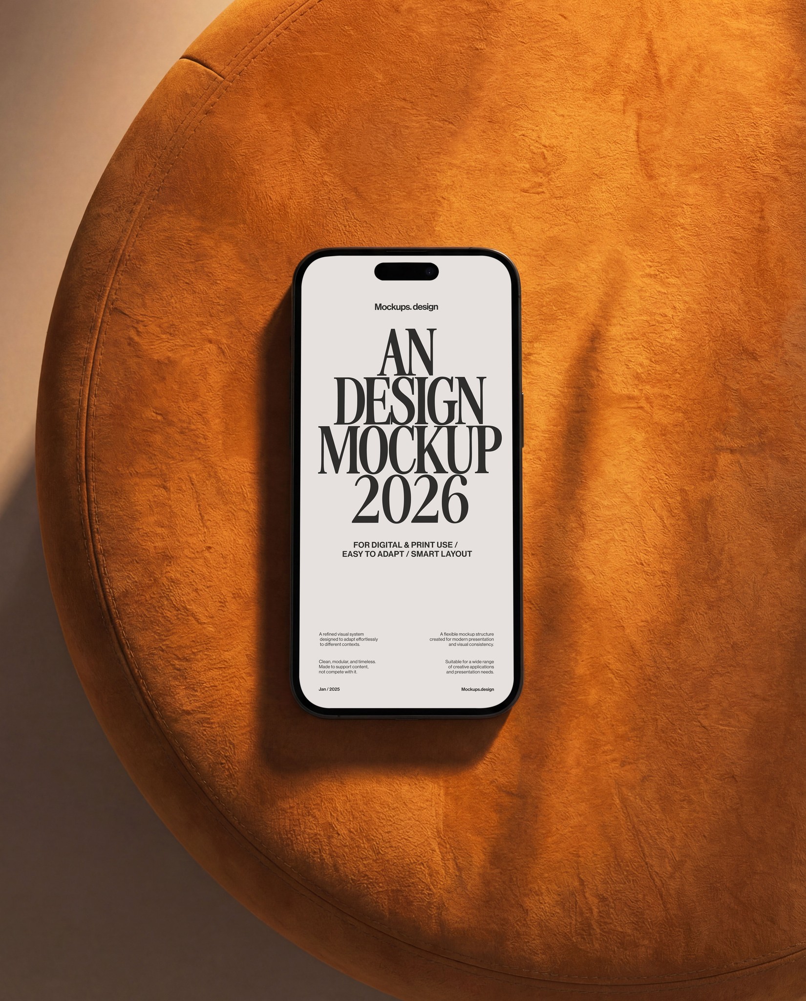 iPhone 16 mockup resting on couch, lifestyle presentation