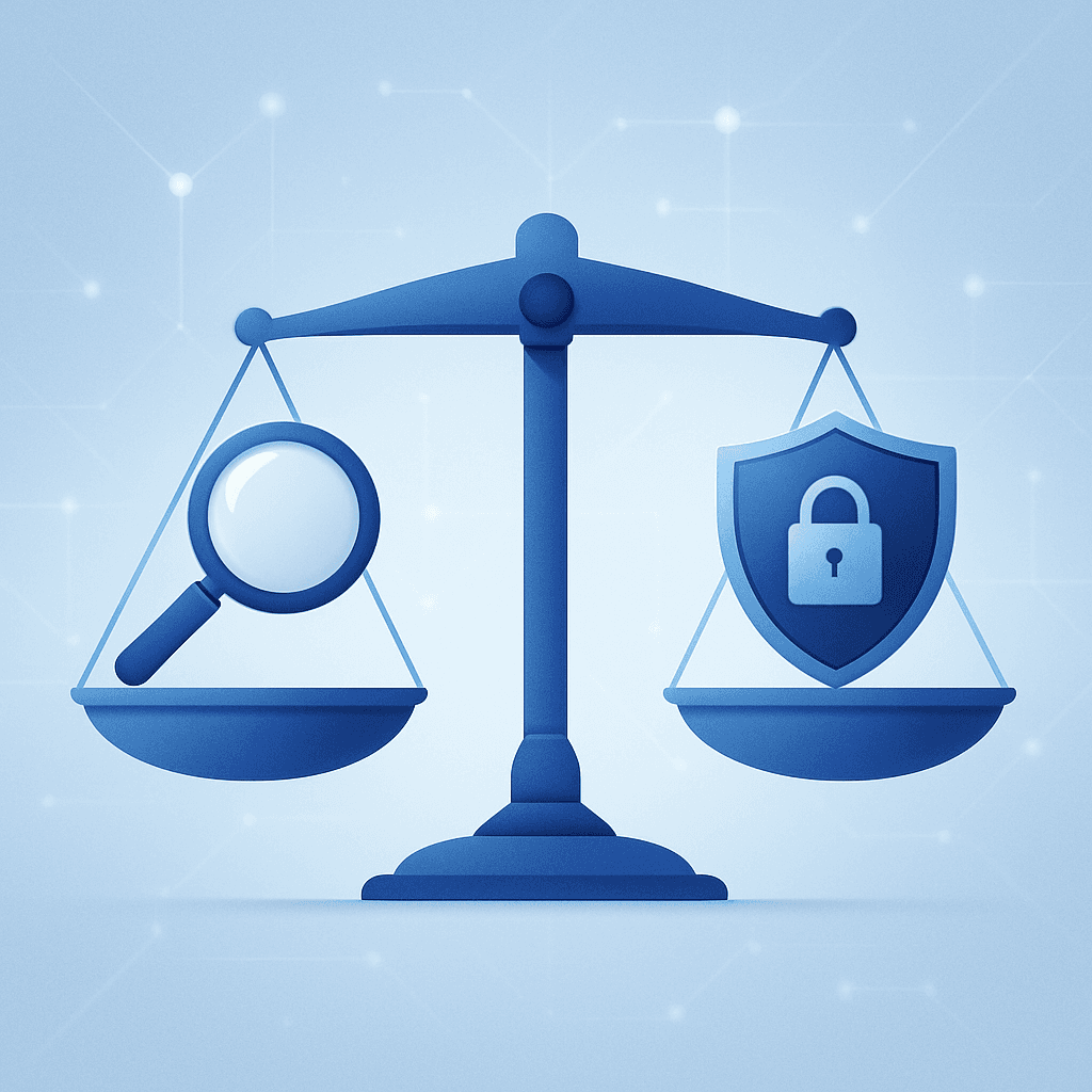Conceptual balance scale with magnifying glass opposite a privacy shield, representing analytics versus GDPR limits.
