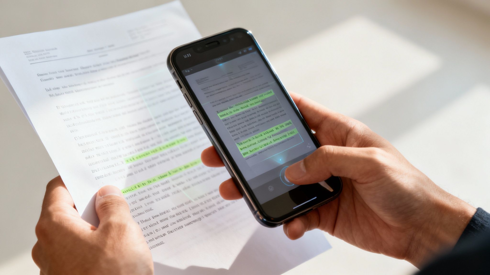 Speak4Me – A smartphone screen displaying a scanned document, with glowing lines indicating the OCR process is converting the image to text.