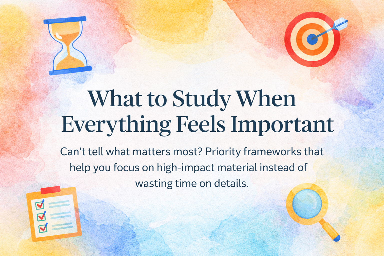 What to Study When Everything Feels Important on a soft watercolor background with icons showing time, focus, and priorities.