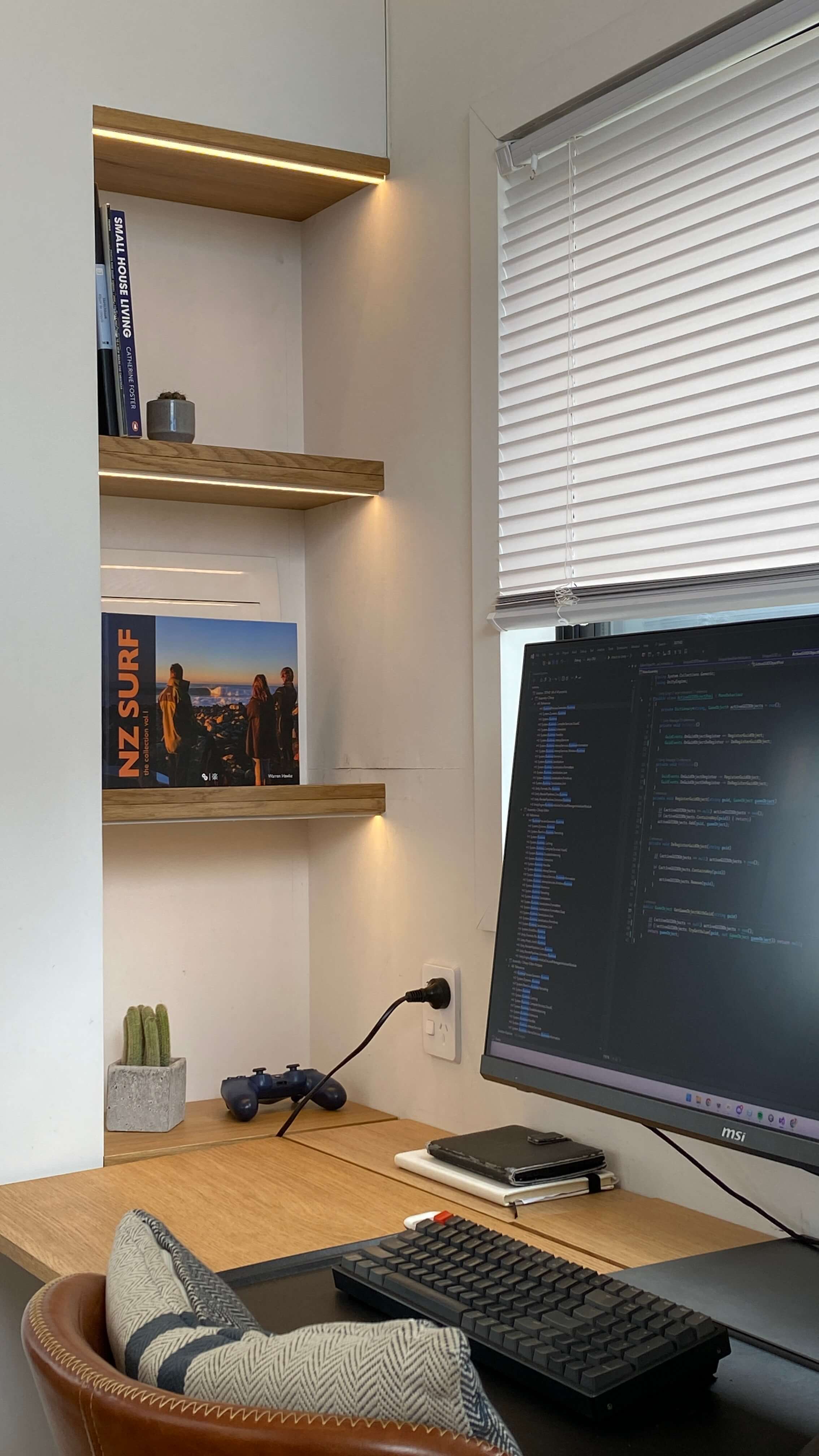 Integrated lighting like an LED strip for your tiny home office