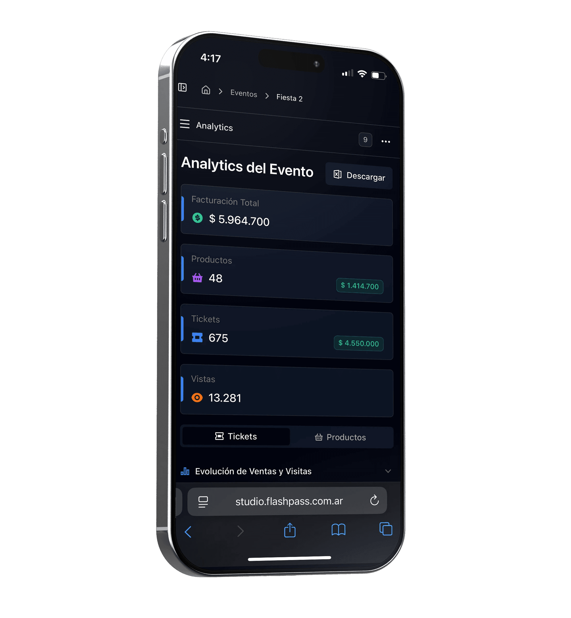Dashboard de FlashPass mostrando estadísticas en tiempo real y ventas por producto en un evento