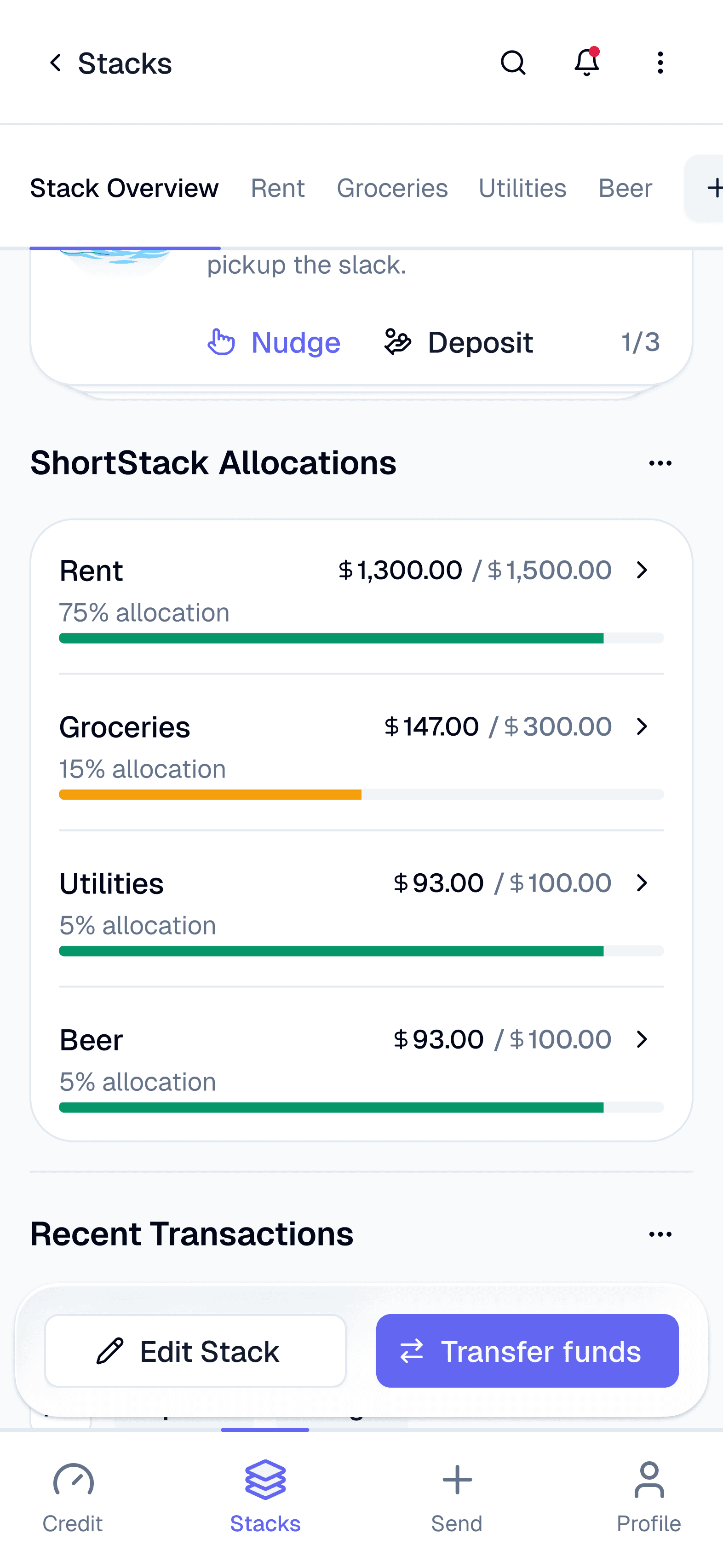 WeStack app showing shared transaction list with recent expenses, balances, and group activity across accounts