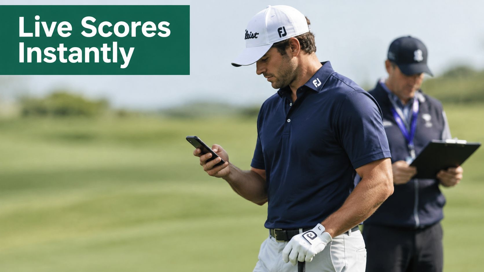A professional golfer checking live scores on his smartphone during a golf tournament on a sunny day.
