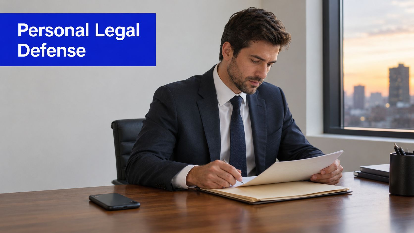 A professional lawyer in a suit reviewing legal documents at his desk in a modern office.