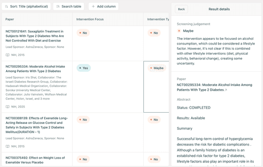 Elicit's clinical trial screening table and result details