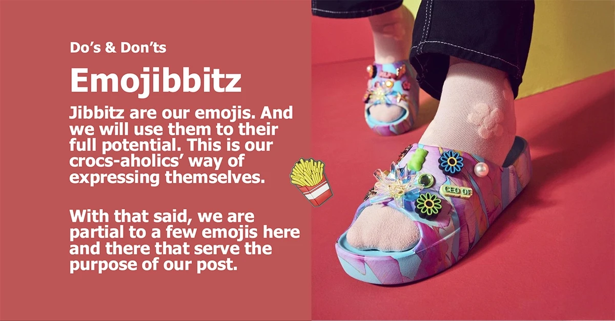 Crocs brand guidelines 'Emojibbitz' social media dos and don'ts page showing colourful marble-print Crocs slides heavily decorated with Jibbitz charms including flowers, gems and novelty designs on red background