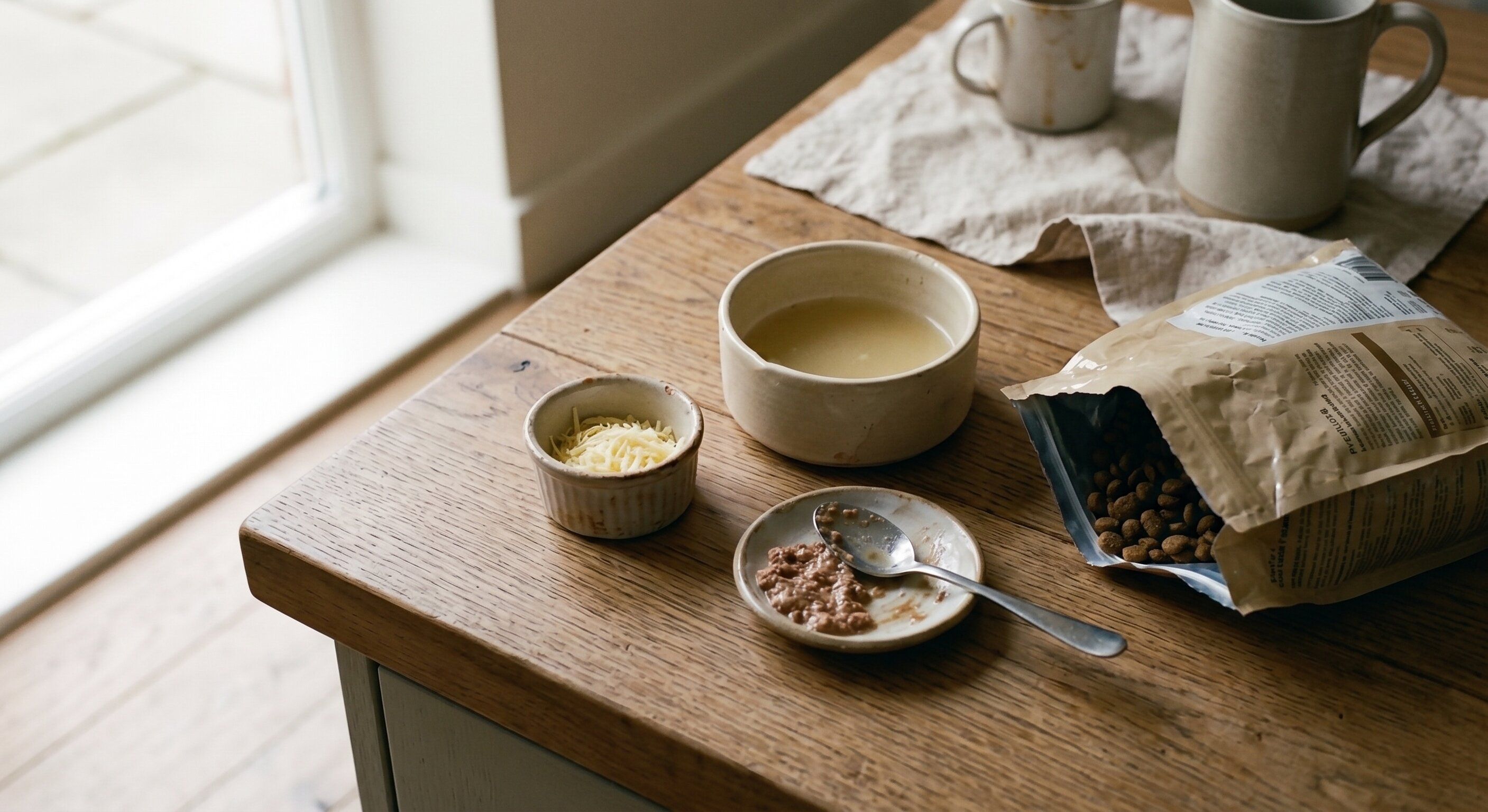Kitchen counter with grated cheese, warmed broth, and wet food set beside an open bag of kibble in soft daylight — the topper system that builds up gradually around the bowl.