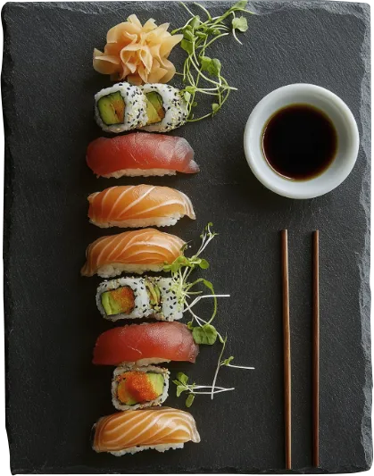 A row of sushi on the tray