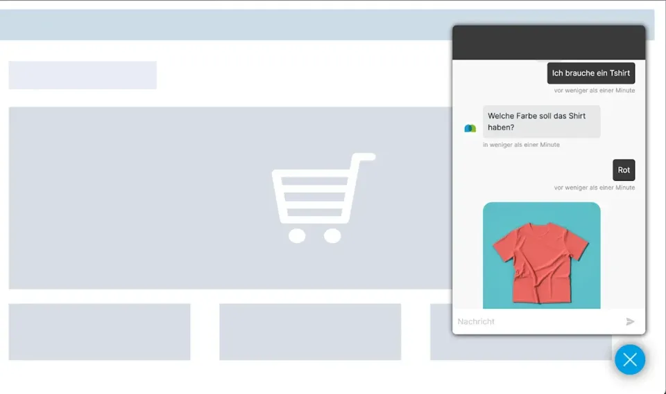 Website mit Einkaufswagensymbol und Chatfenster zeigt Produktberatung durch einen mercury.ai Chatbot im E-Commerce