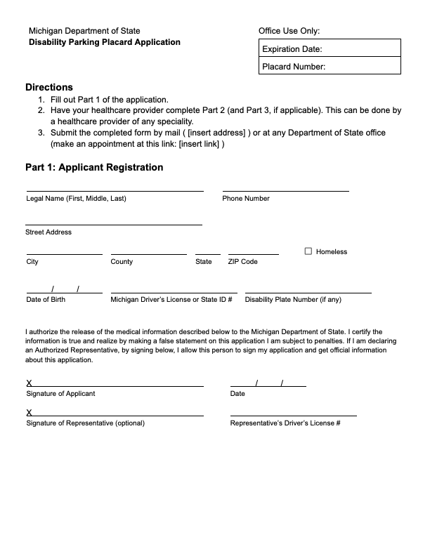 Page 1 of mid-fidelity prototype of placard application form, with sections titled "Directions" and "Part 1: Applicant Registration."