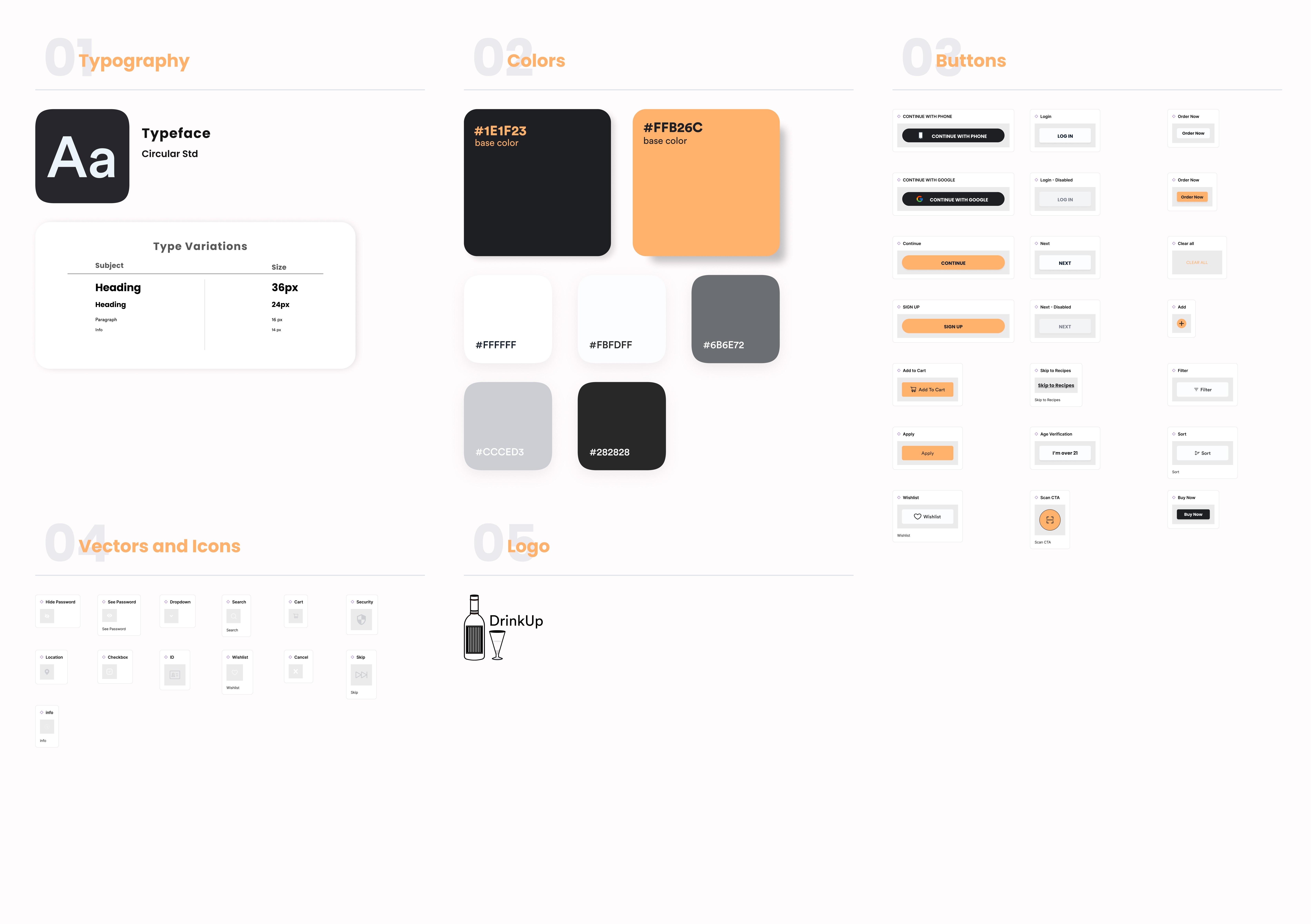 Typography, color palette, button styles, icons, and logo are mentioned